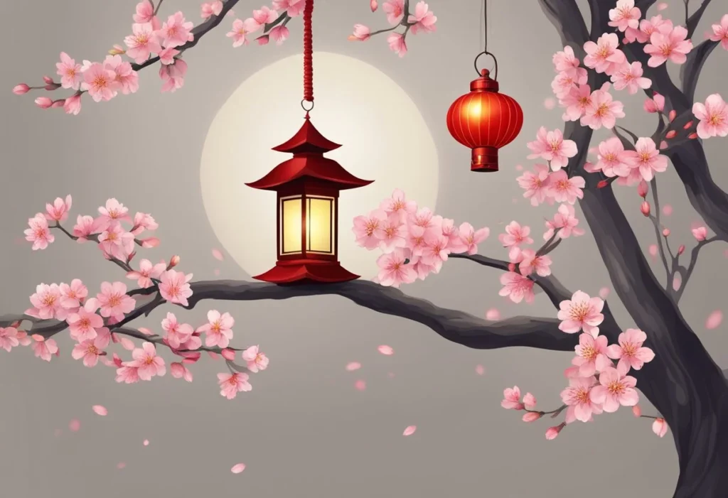 A blooming cherry blossom tree with a red lantern hanging from its branches