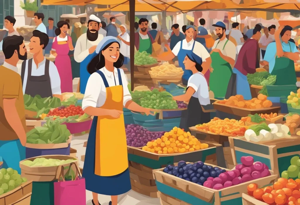 A bustling Italian marketplace with vibrant colors and lively chatter, showcasing signs with traditional Italian girl names