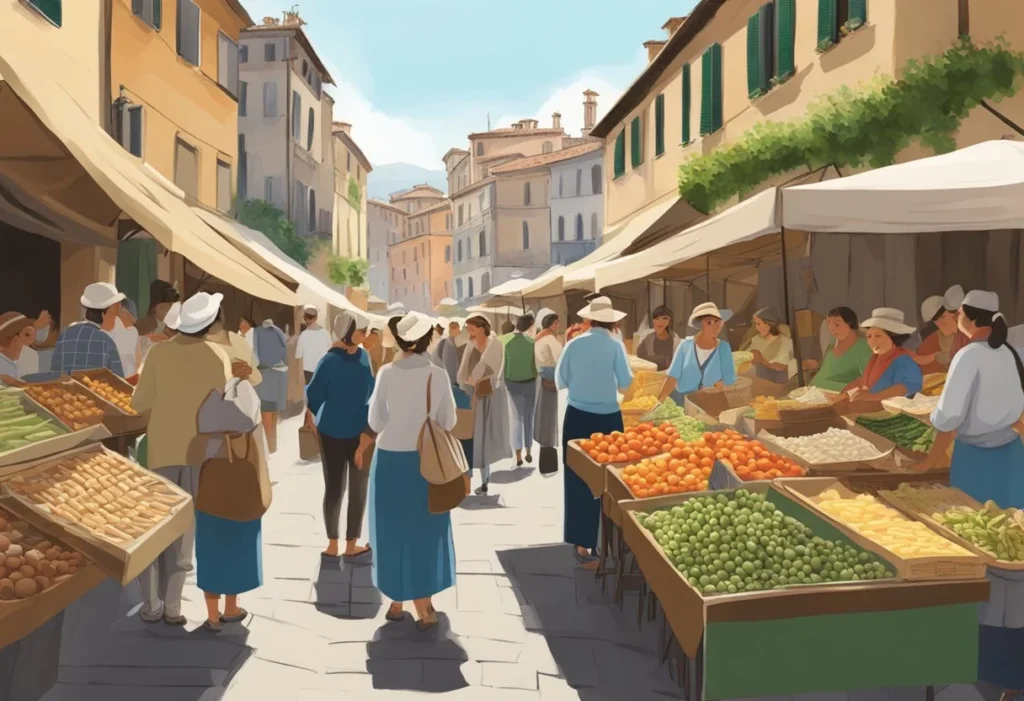 A bustling Italian street market with vendors selling traditional Italian goods and a sign displaying