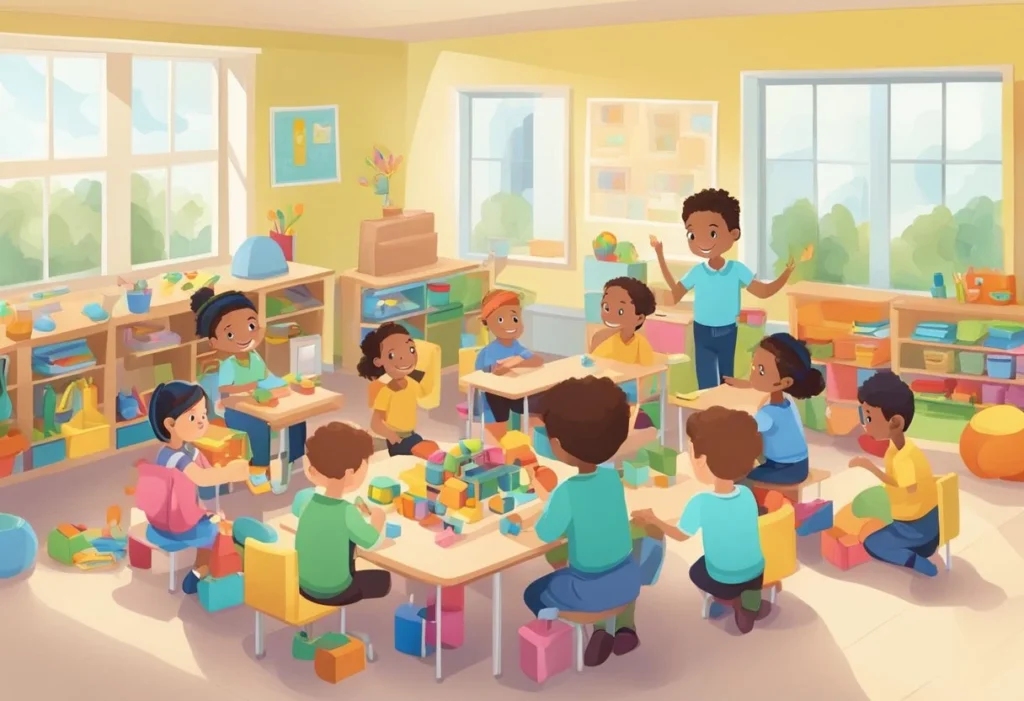 A classroom with children wearing unisex clothing and sharing gender-neutral toys