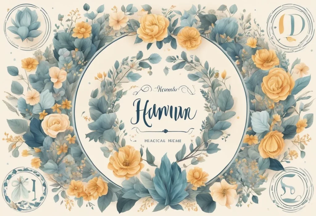 A collection of traditional boy names arranged in a circle with feminine elements intertwined, surrounded by symbols of strength and independence