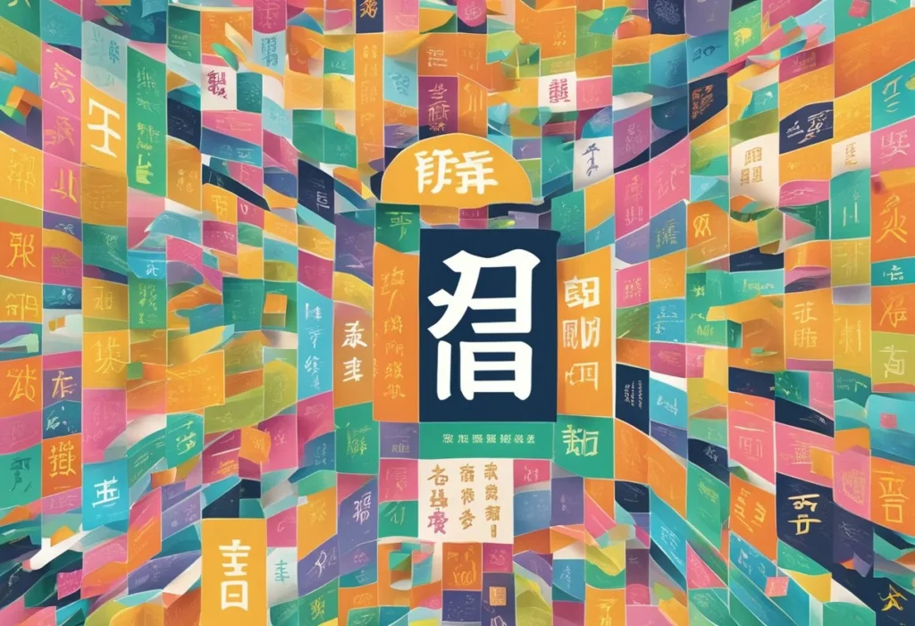 A colorful array of Chinese characters surround the words