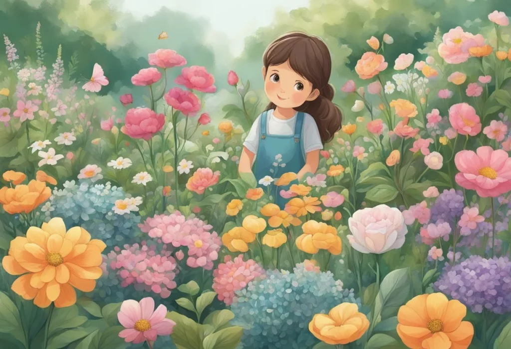 A garden filled with blooming flowers, each labeled with a different girl's name