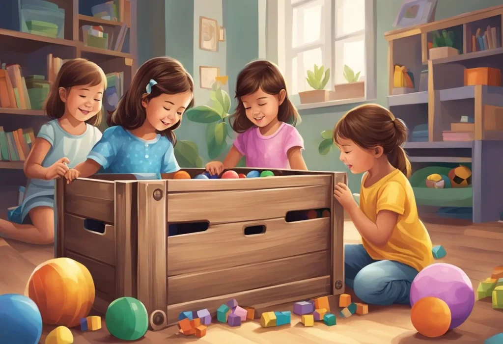 A group of girls playing with a toy chest full of boy's toys