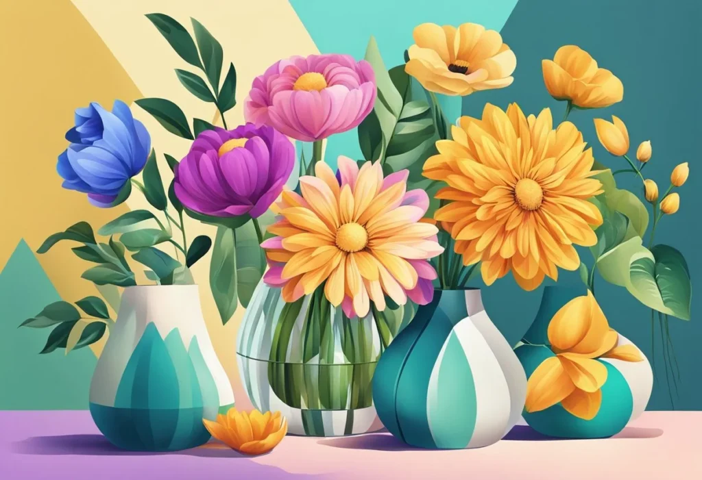 A group of vibrant flowers arranged in modern vases