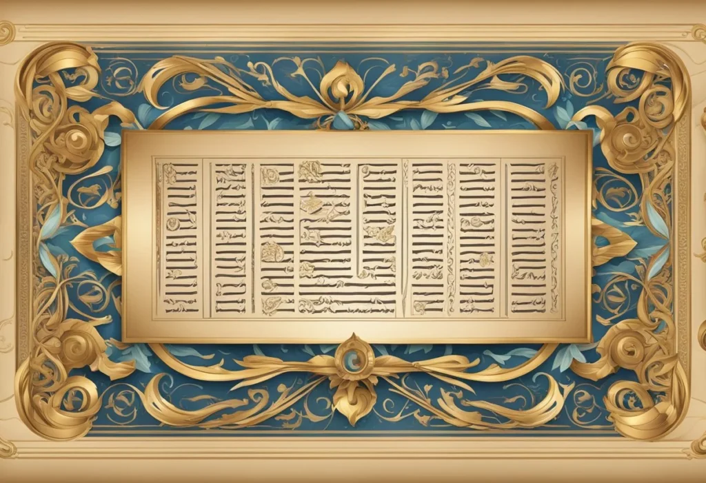 A scroll with Greek names written in elegant calligraphy, surrounded by ancient Greek symbols and patterns