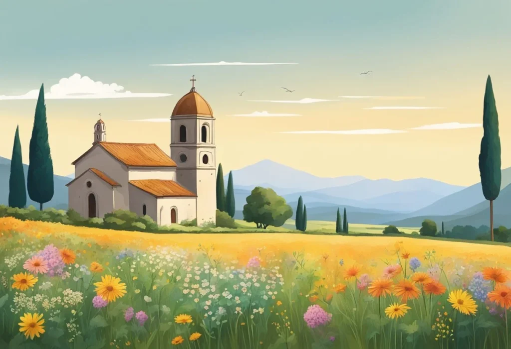 A serene Italian countryside with a rustic stone church and a field of wildflowers, inspired by public figures and saints