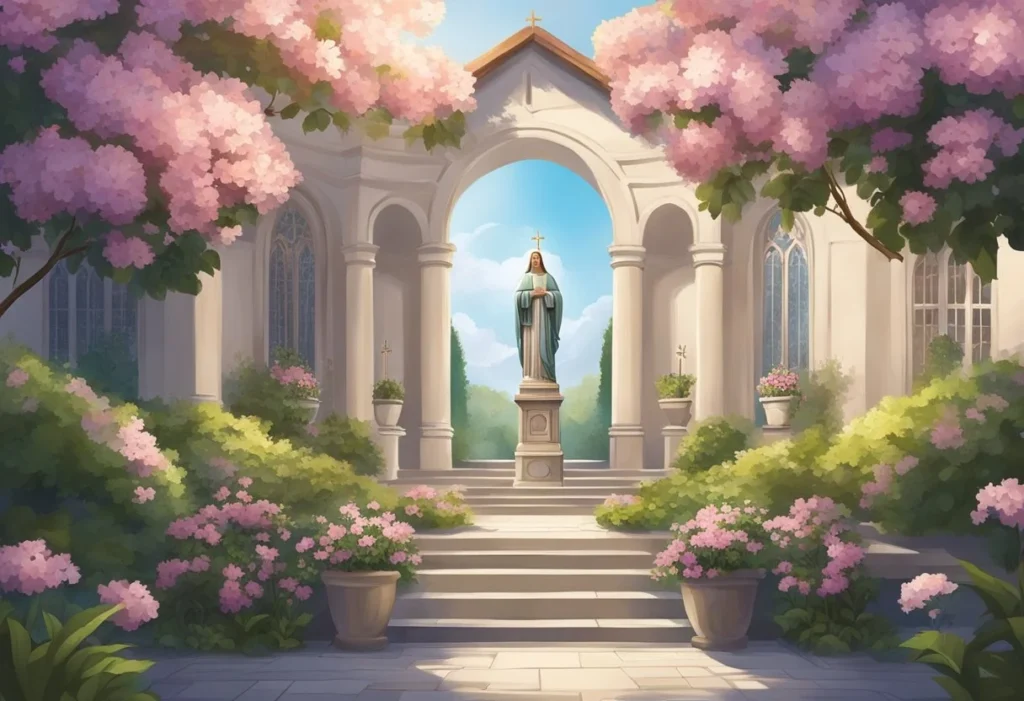 A serene church courtyard with a statue of a saint, surrounded by blooming flowers and a peaceful atmosphere