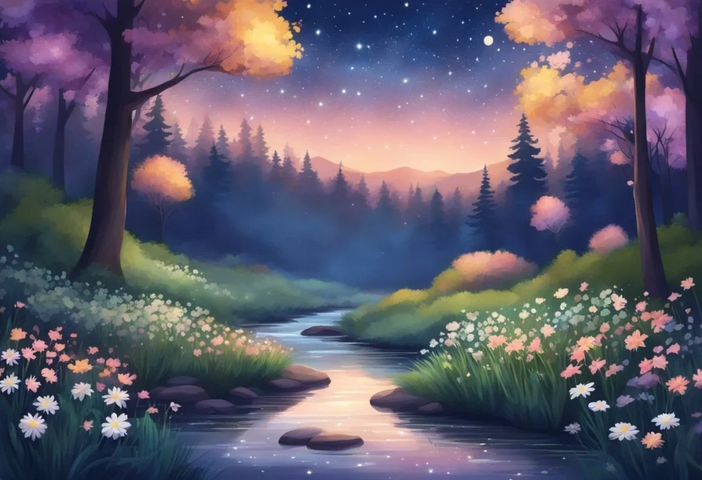 A serene forest clearing under a starry night sky, with a gentle stream flowing and blooming flowers
