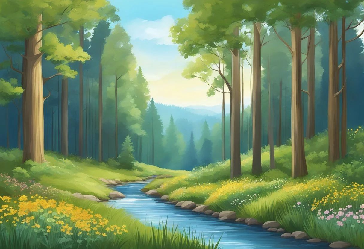 A serene forest with a babbling brook, surrounded by wildflowers and tall trees, under a clear blue sky
