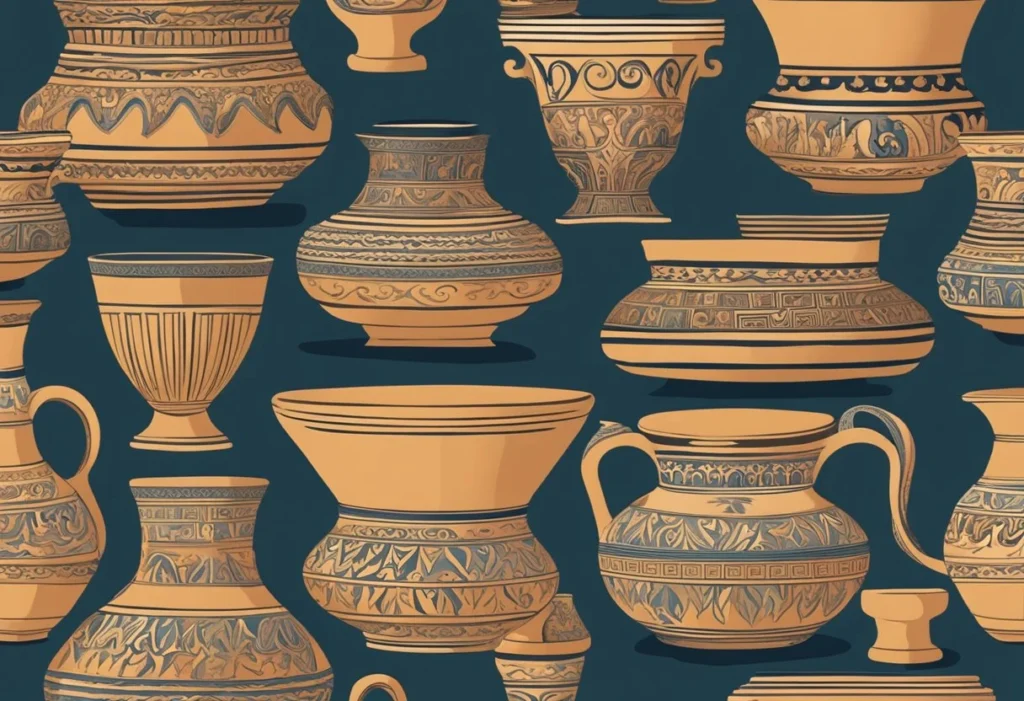 A stack of ancient Greek pottery with ornate designs and inscriptions of female names