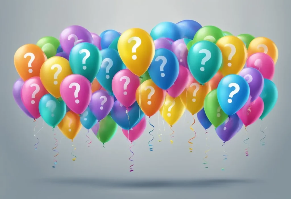 A stack of colorful question mark balloons floating in the air