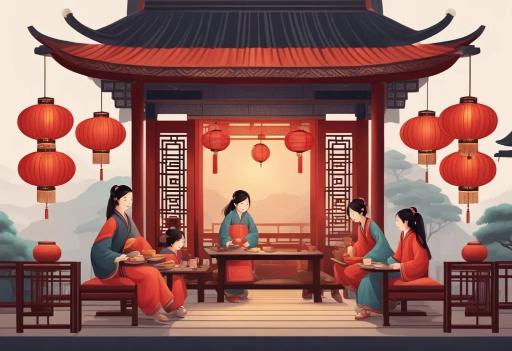 A traditional Chinese teahouse with a group of young girls discussing names, surrounded by vibrant red lanterns and ornate decorations