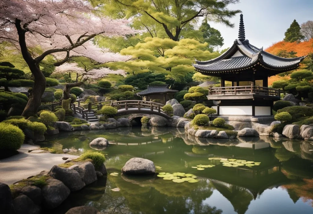 A traditional Japanese garden with cherry blossom trees and a pagoda, surrounded by koi ponds and stone lanterns