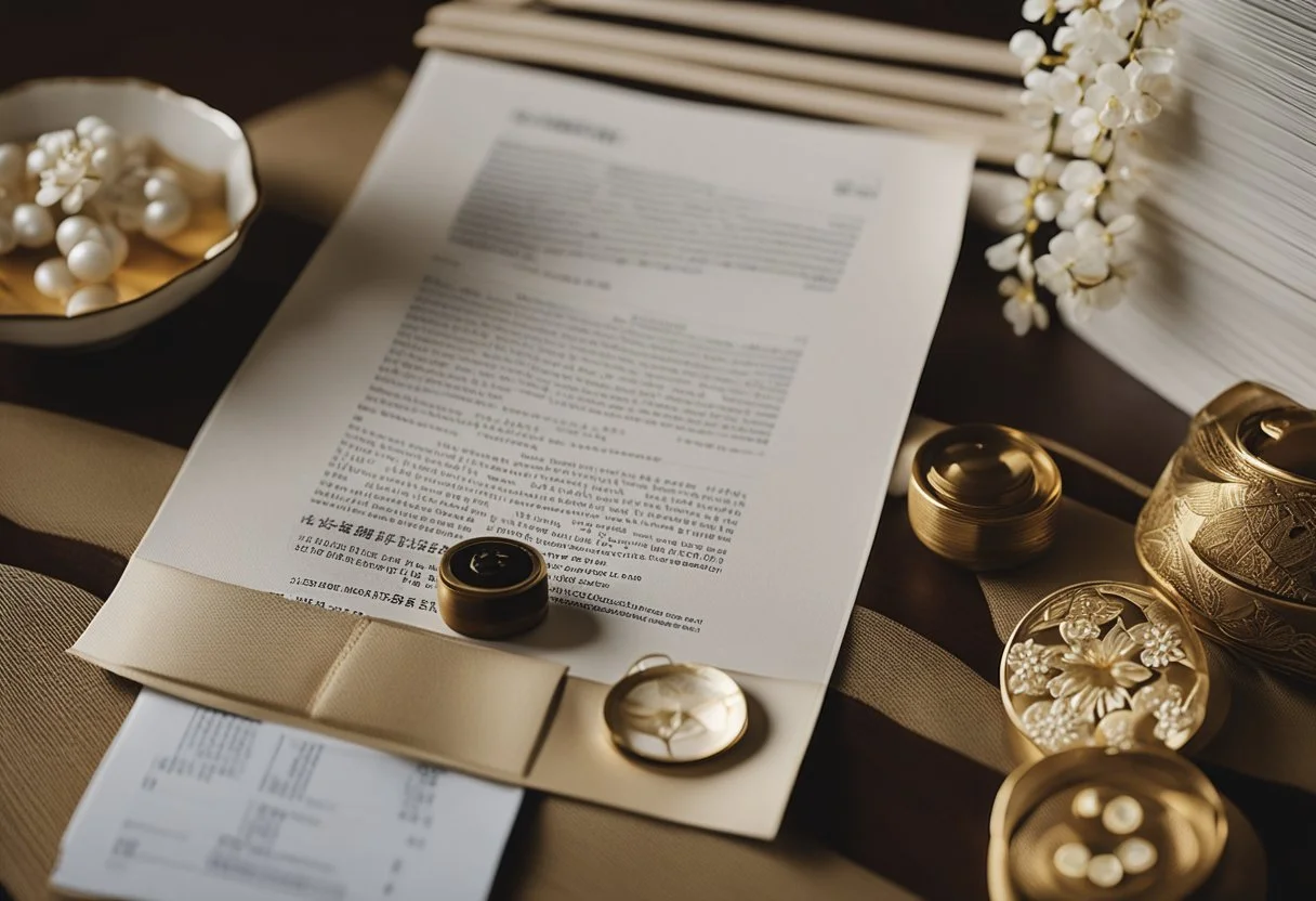 A traditional Japanese kimono displayed next to a legal document and ceremonial objects