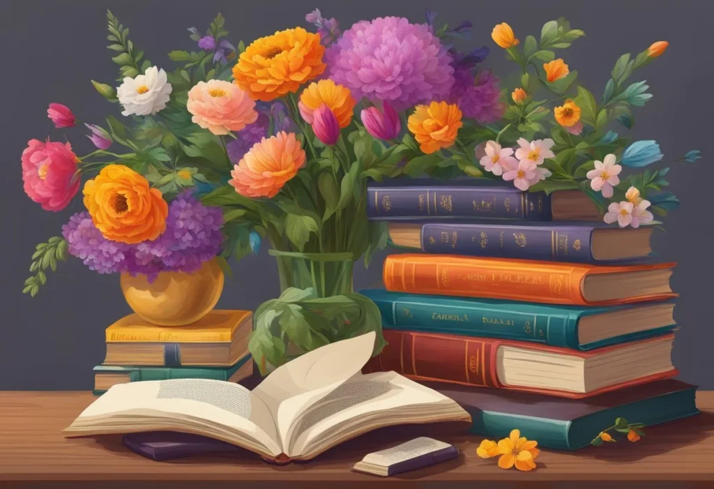 A vibrant array of Spanish flowers and books, with names like Isabel, Sofia, and Carmen, surrounding a quill and inkwell