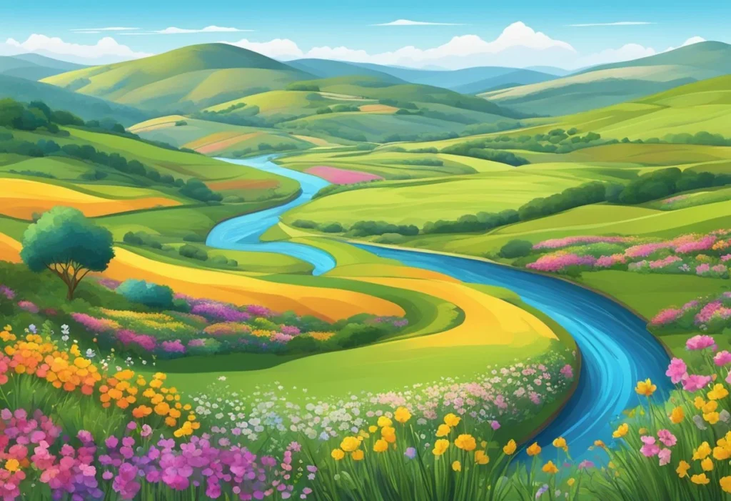 A vibrant landscape with rolling hills, colorful wildflowers, and a winding river flowing through the Spanish countryside