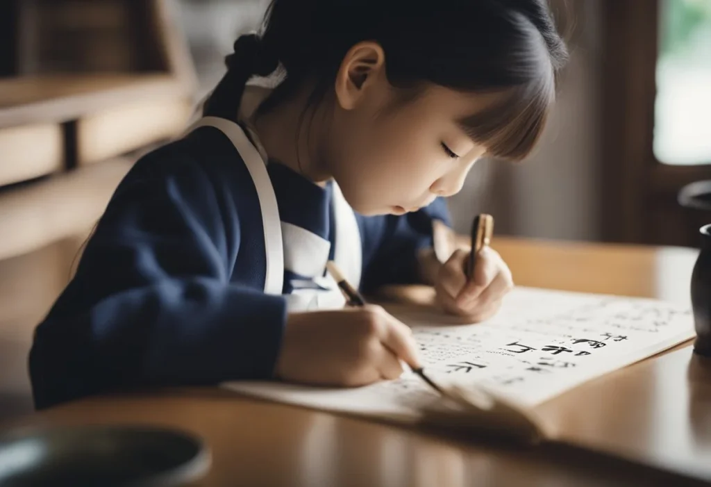 A young girl writing Japanese names with a calligraphy brush