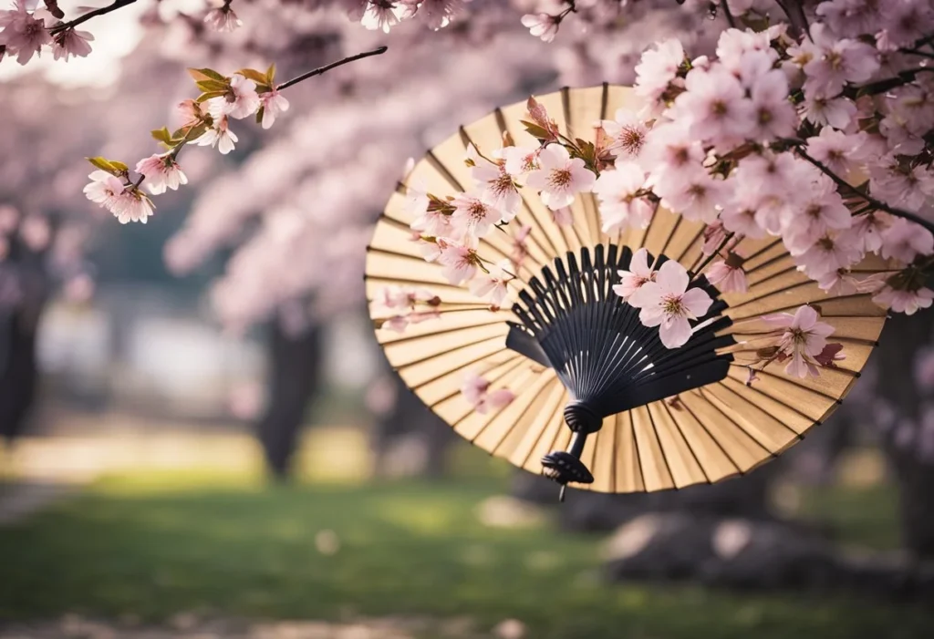 Cherry blossoms falling around a traditional Japanese fan