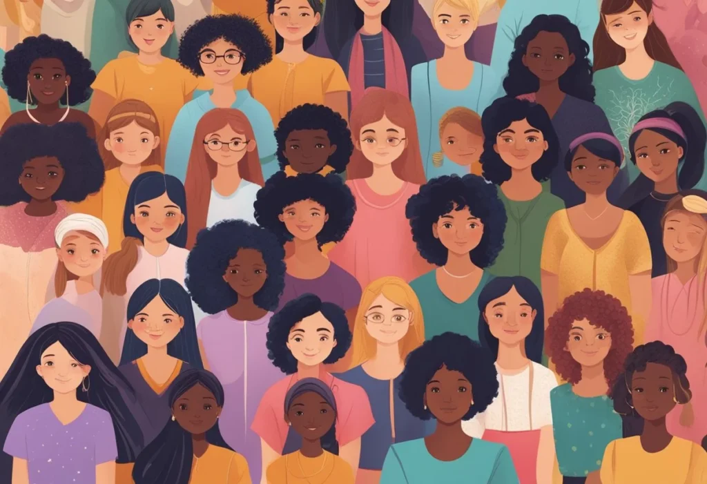 A diverse group of girls from different cultures and countries, each with a unique and meaningful name