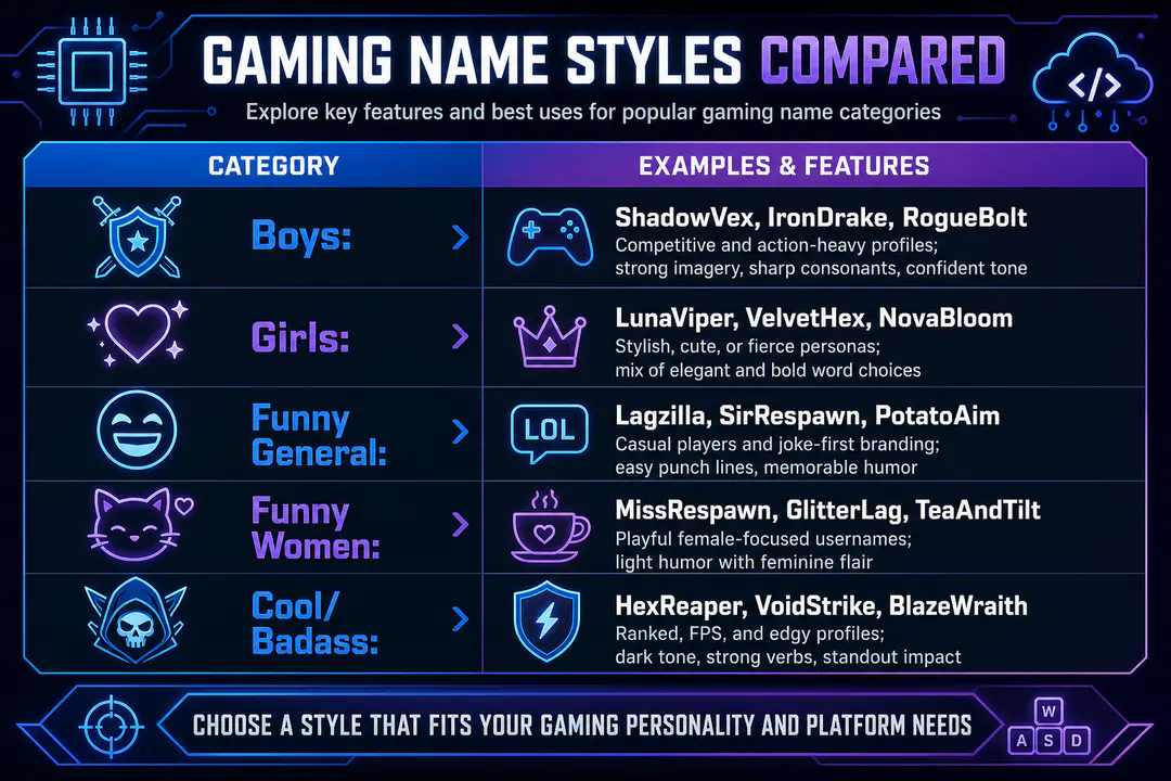 Gaming Name Styles Compared Gaming Name Comparison Table