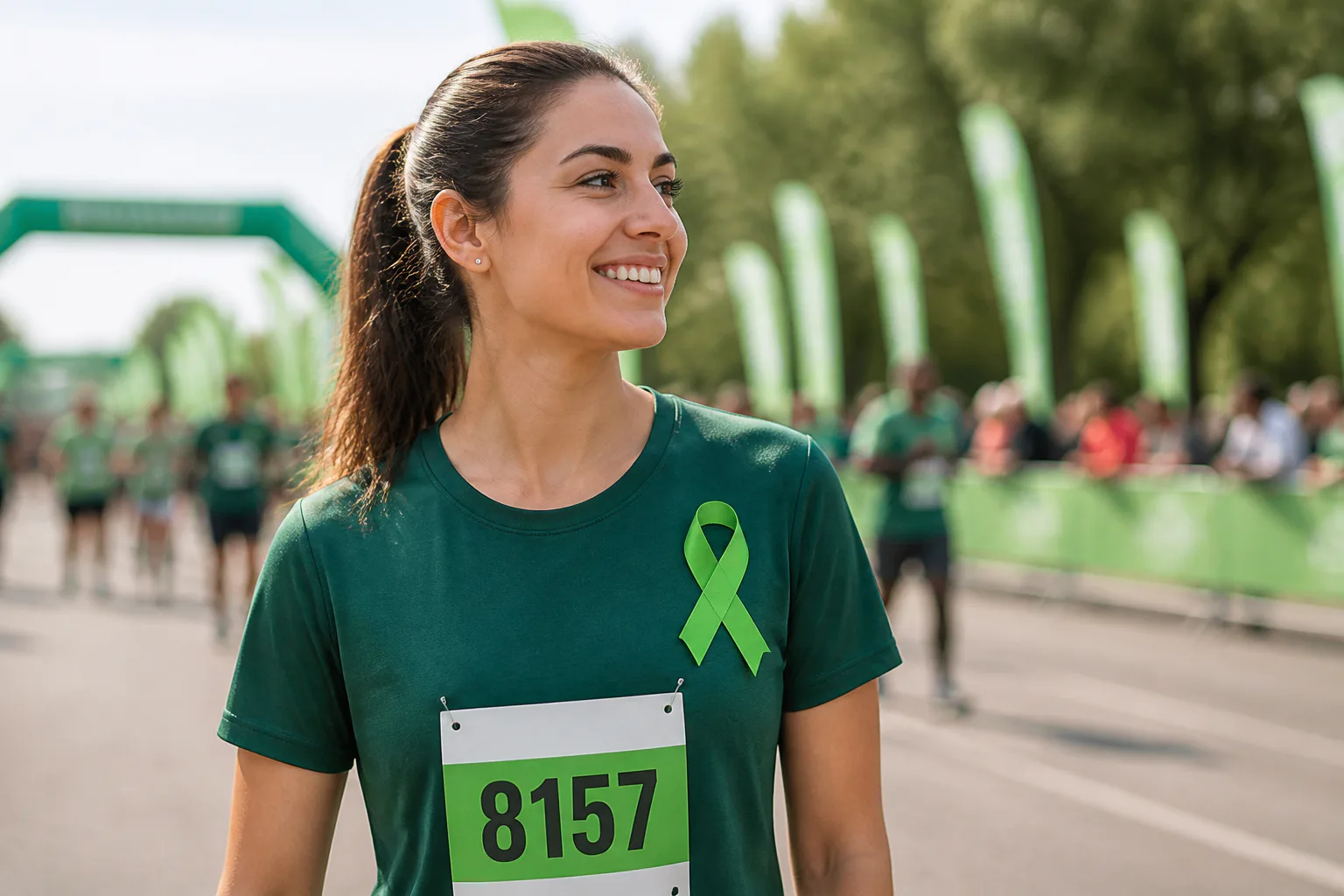 Runner with green ribbon at charity race