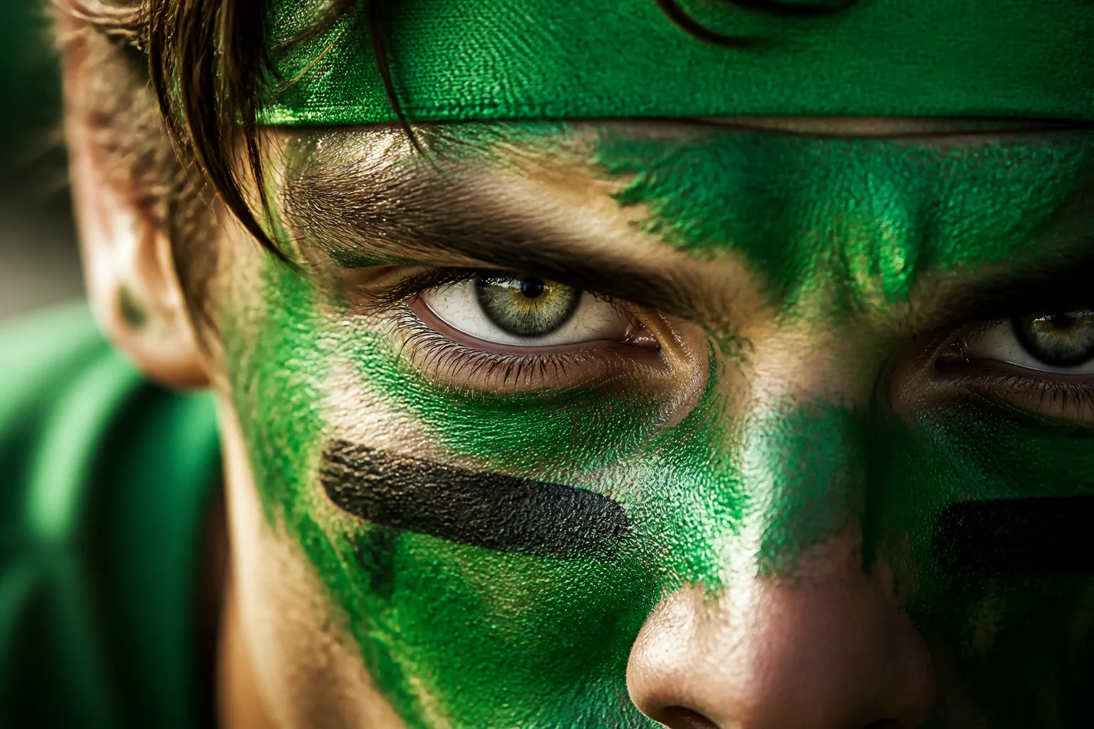 Close-up of athlete with green face paint