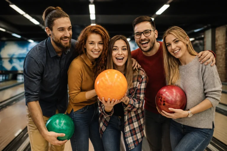 Friends holding bowling balls at alley