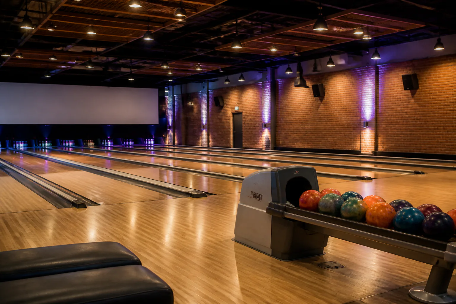 Bowling alley with lanes and balls