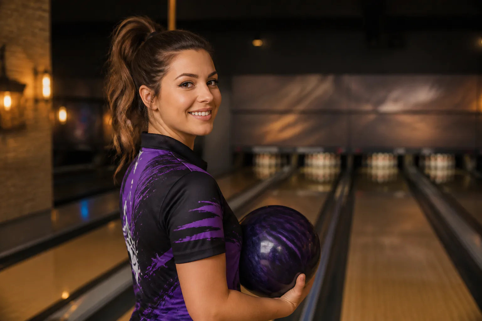 Woman holding bowling ball at alley