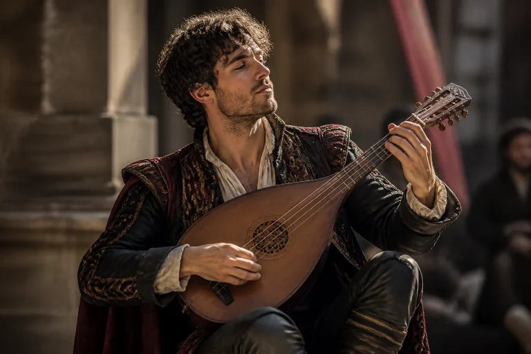 Man in period costume playing lute