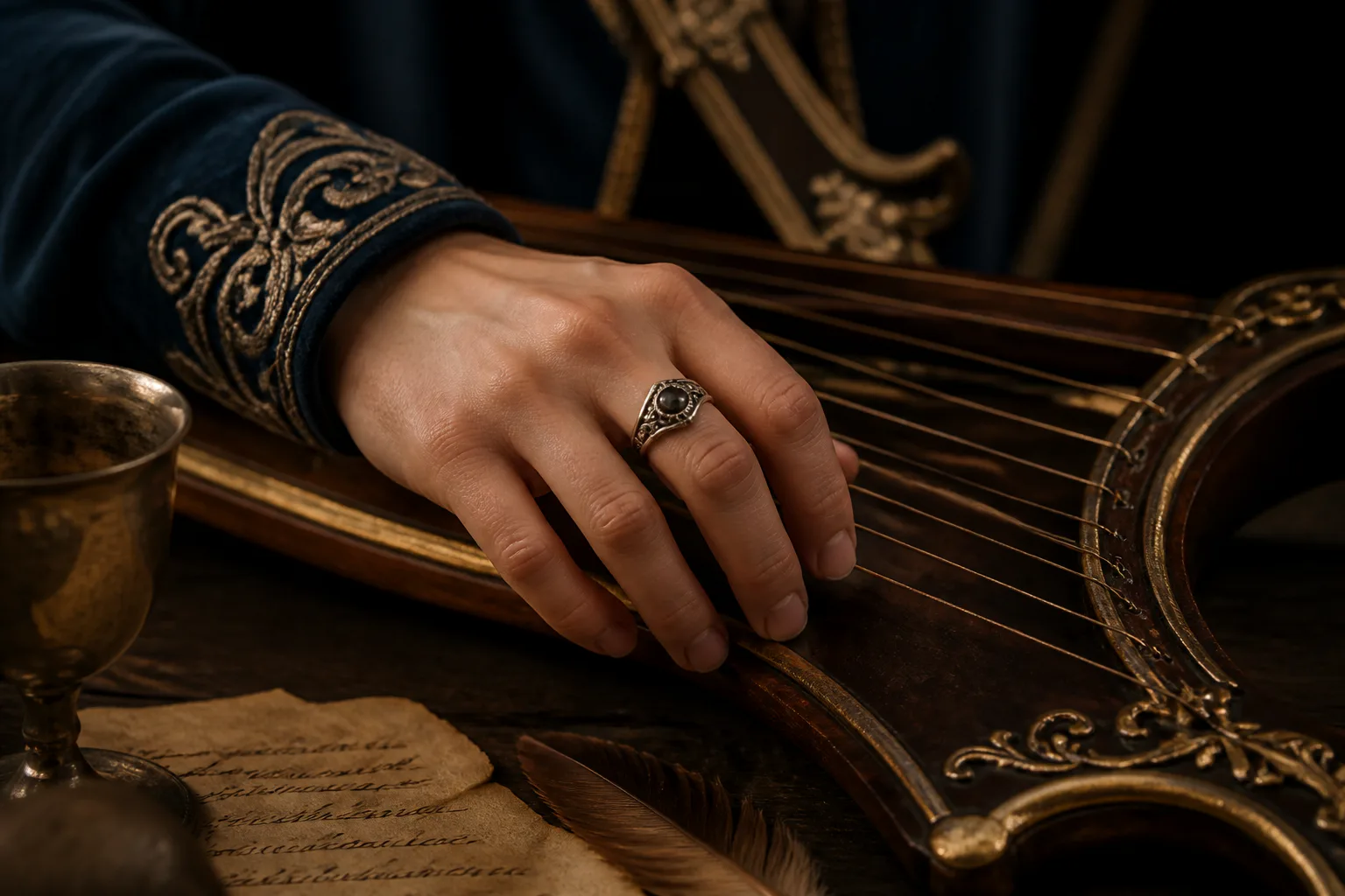Hand playing a medieval string instrument