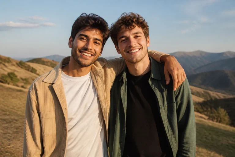 Two friends smiling in the mountains