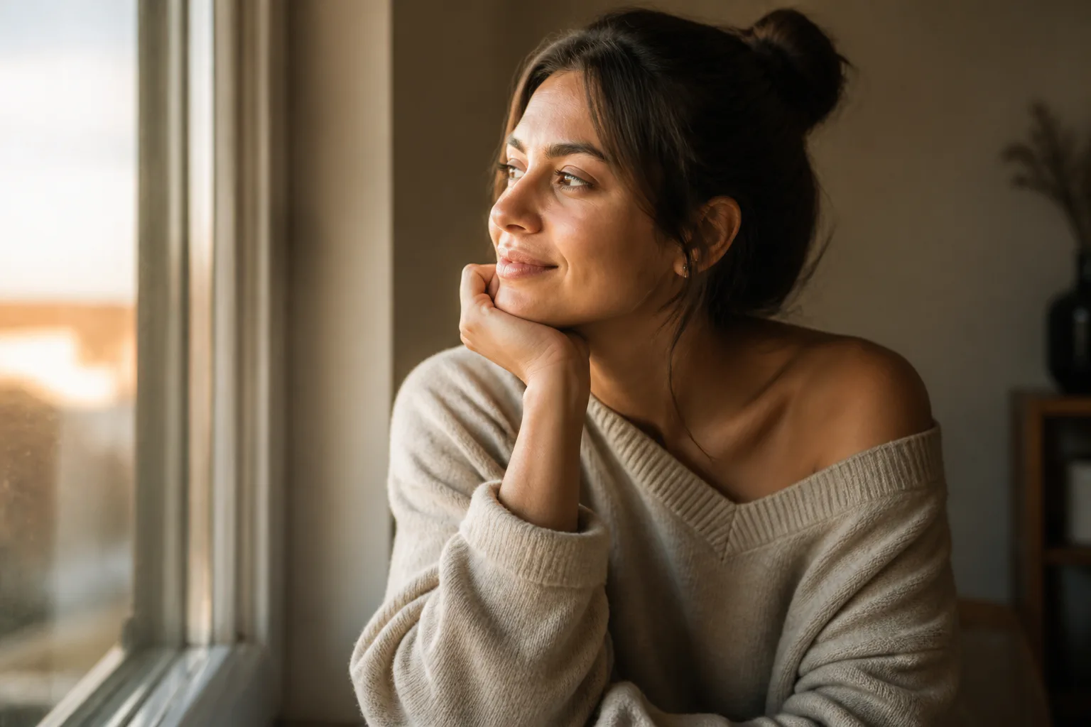 Woman gazing out a window thoughtfully