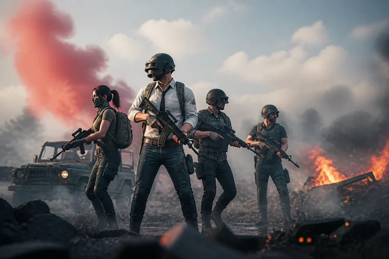 Armed squad in smoky battlefield
