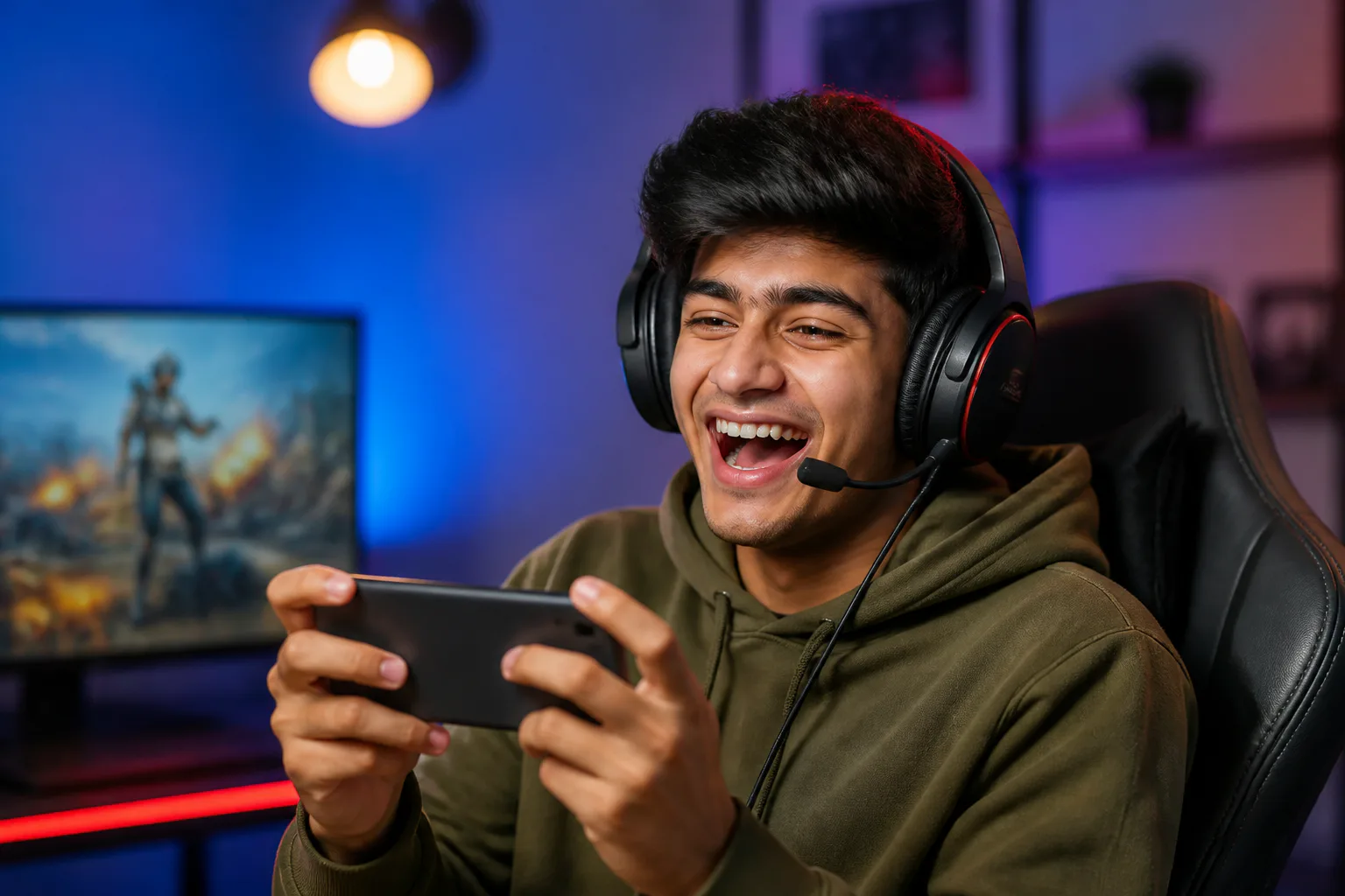 Gamer smiling while playing on phone