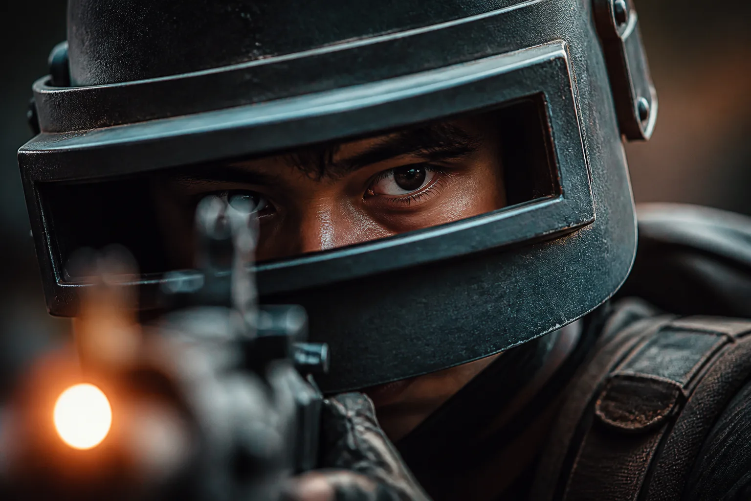 Close-up of armored soldier aiming