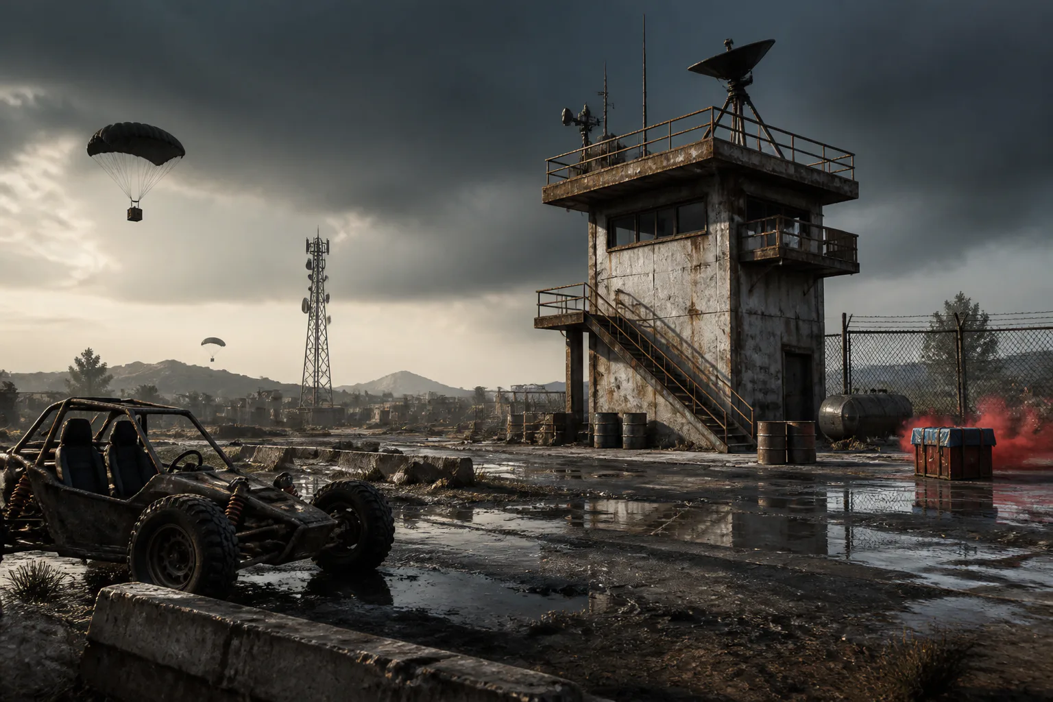 Parachutes over a ruined outpost