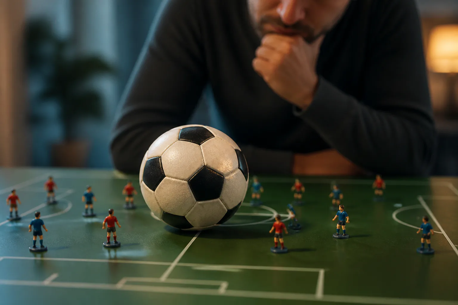 Man pondering over a soccer board
