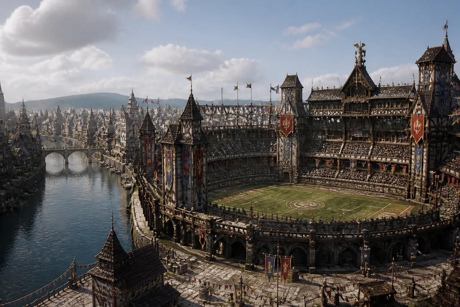 Fantasy medieval stadium by a river
