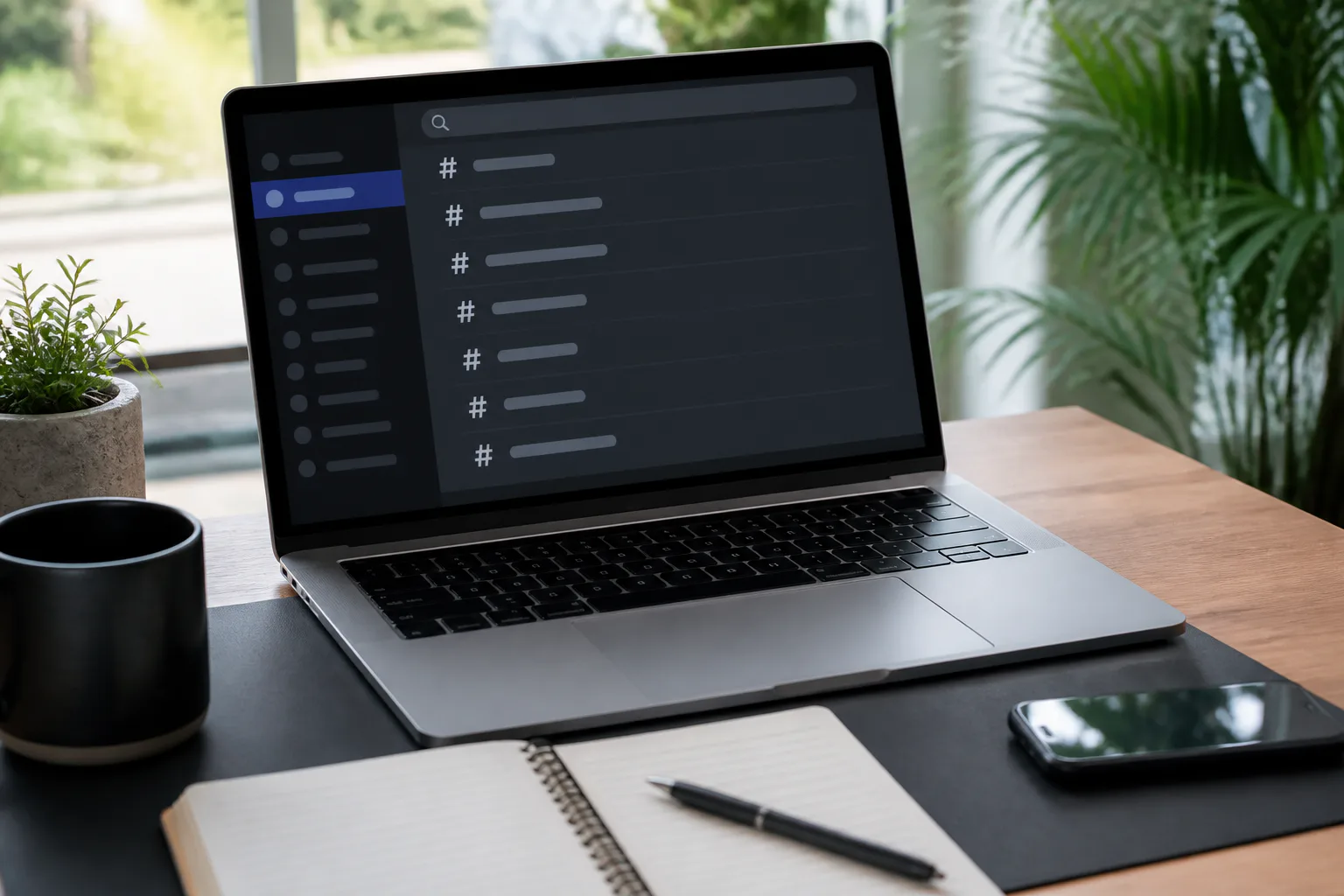 Laptop on desk with dark app screen