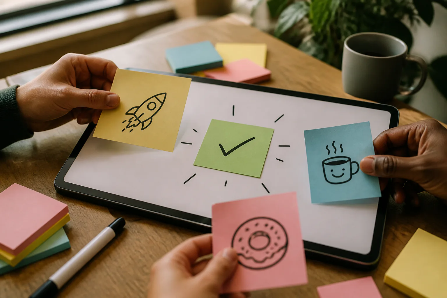Hands placing sticky notes on tablet