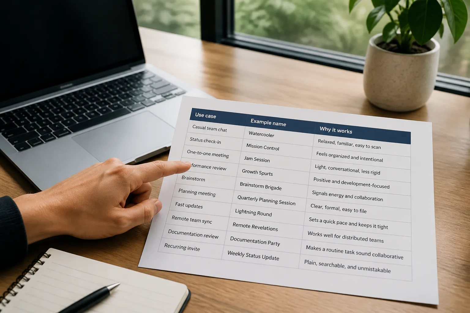 Hand pointing at meeting names chart
