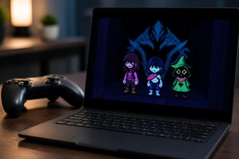 Laptop displaying pixel art game