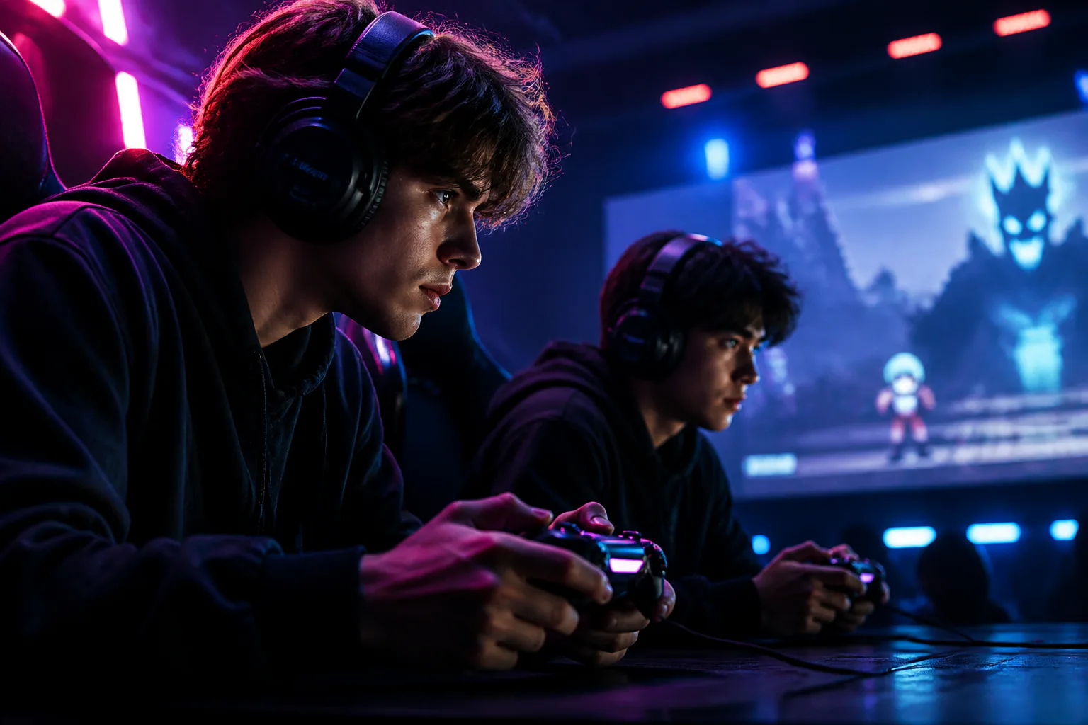 Gamers competing in neon-lit esports