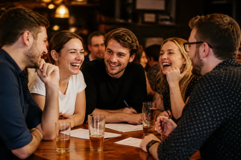 Friends laughing together at a bar