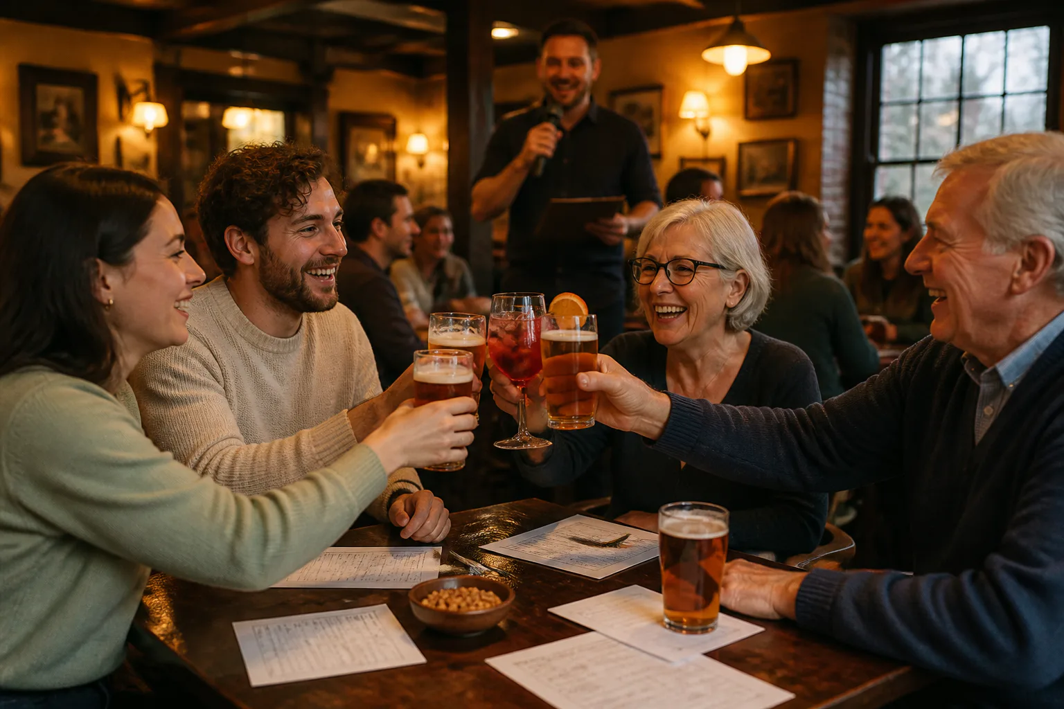 Friends raising drinks in a cozy pub
